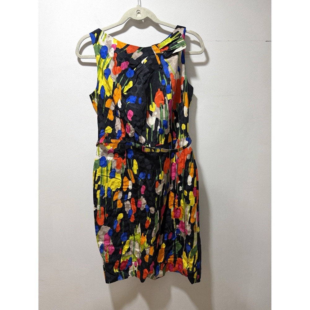 David Meister Womens Abstract SILK Sheath Dress 8 COLORFUL Vibrant Groovy Belted